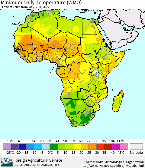 Africa Minimum Daily Temperature (WMO) Thematic Map For 5/2/2022 - 5/8/2022