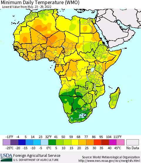 Africa Minimum Daily Temperature (WMO) Thematic Map For 5/23/2022 - 5/29/2022