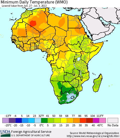Africa Minimum Daily Temperature (WMO) Thematic Map For 6/27/2022 - 7/3/2022