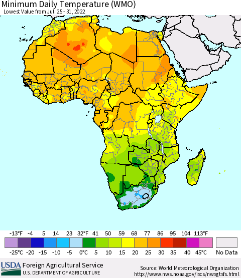 Africa Minimum Daily Temperature (WMO) Thematic Map For 7/25/2022 - 7/31/2022
