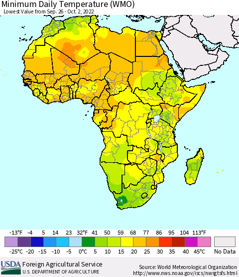 Africa Minimum Daily Temperature (WMO) Thematic Map For 9/26/2022 - 10/2/2022