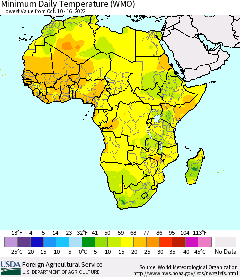 Africa Minimum Daily Temperature (WMO) Thematic Map For 10/10/2022 - 10/16/2022