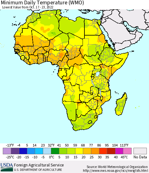 Africa Minimum Daily Temperature (WMO) Thematic Map For 10/17/2022 - 10/23/2022