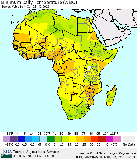 Africa Minimum Daily Temperature (WMO) Thematic Map For 10/24/2022 - 10/30/2022
