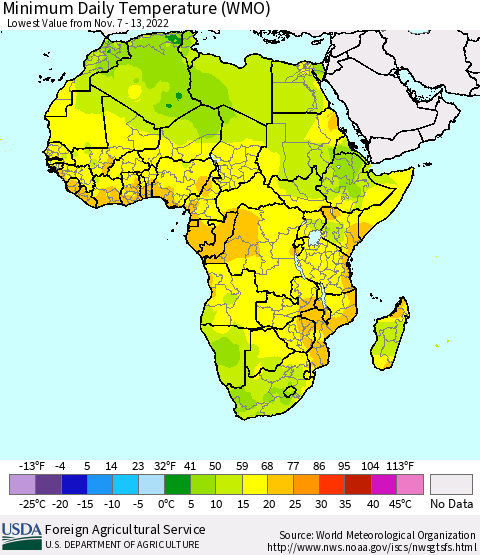 Africa Minimum Daily Temperature (WMO) Thematic Map For 11/7/2022 - 11/13/2022