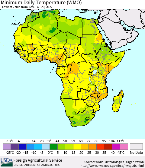 Africa Minimum Daily Temperature (WMO) Thematic Map For 11/14/2022 - 11/20/2022