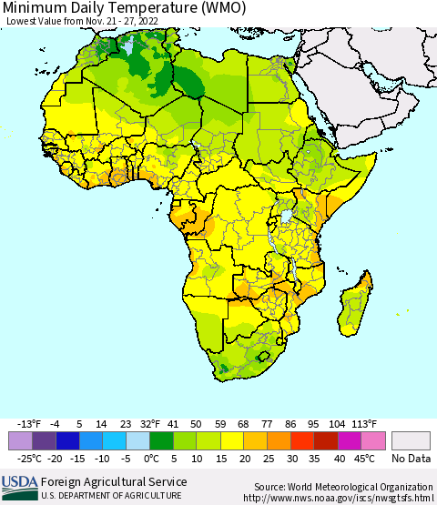 Africa Minimum Daily Temperature (WMO) Thematic Map For 11/21/2022 - 11/27/2022