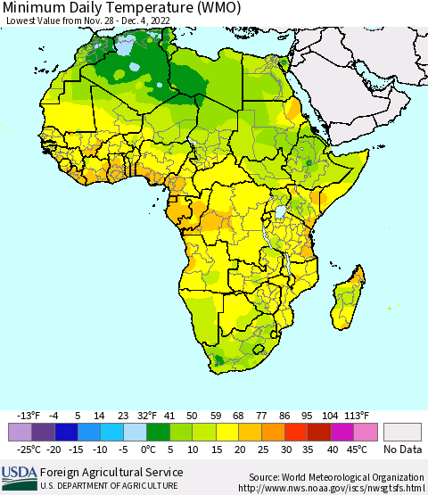 Africa Minimum Daily Temperature (WMO) Thematic Map For 11/28/2022 - 12/4/2022
