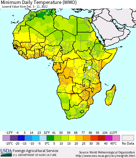 Africa Minimum Daily Temperature (WMO) Thematic Map For 12/5/2022 - 12/11/2022