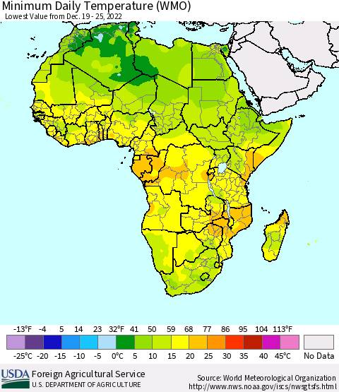 Africa Minimum Daily Temperature (WMO) Thematic Map For 12/19/2022 - 12/25/2022