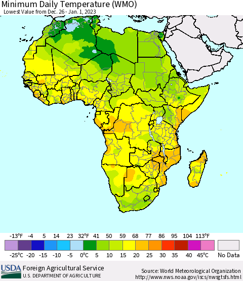 Africa Minimum Daily Temperature (WMO) Thematic Map For 12/26/2022 - 1/1/2023