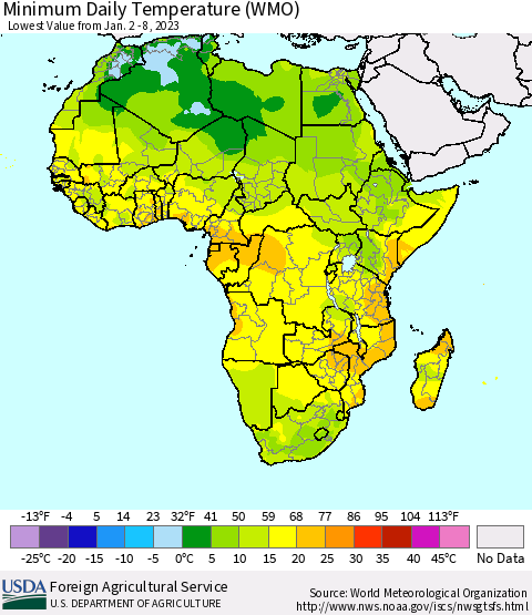 Africa Minimum Daily Temperature (WMO) Thematic Map For 1/2/2023 - 1/8/2023