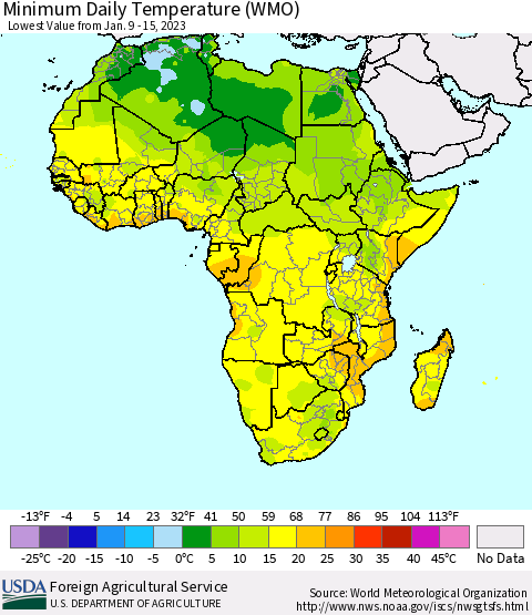 Africa Minimum Daily Temperature (WMO) Thematic Map For 1/9/2023 - 1/15/2023
