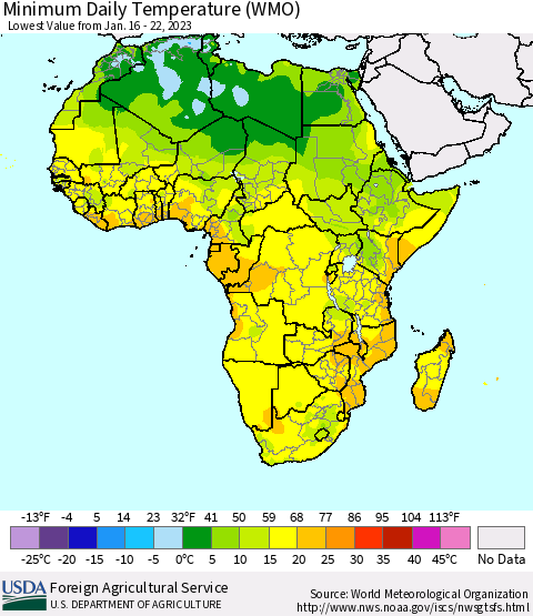 Africa Minimum Daily Temperature (WMO) Thematic Map For 1/16/2023 - 1/22/2023