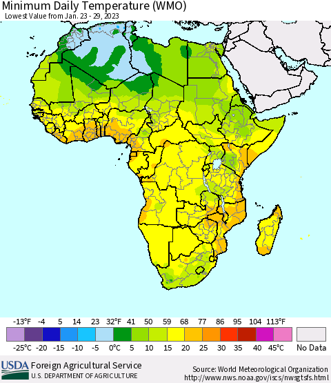 Africa Minimum Daily Temperature (WMO) Thematic Map For 1/23/2023 - 1/29/2023