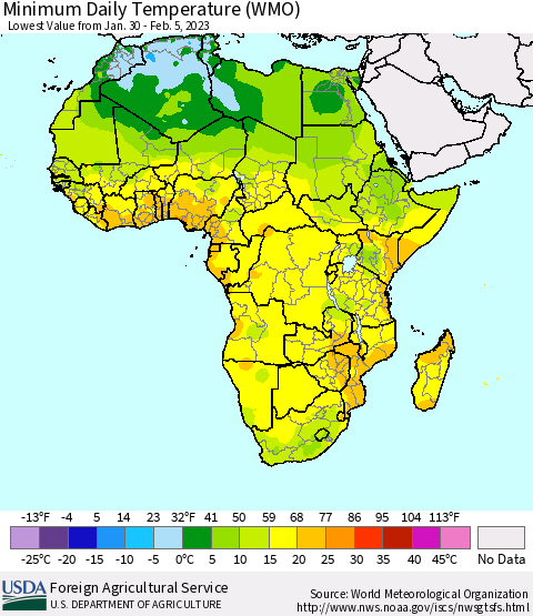 Africa Minimum Daily Temperature (WMO) Thematic Map For 1/30/2023 - 2/5/2023