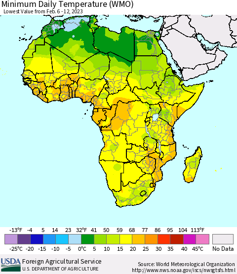 Africa Minimum Daily Temperature (WMO) Thematic Map For 2/6/2023 - 2/12/2023