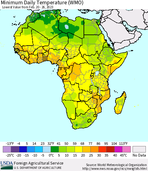 Africa Minimum Daily Temperature (WMO) Thematic Map For 2/20/2023 - 2/26/2023