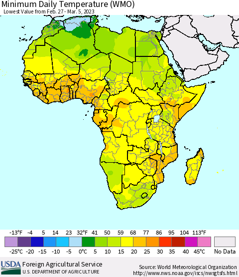 Africa Minimum Daily Temperature (WMO) Thematic Map For 2/27/2023 - 3/5/2023