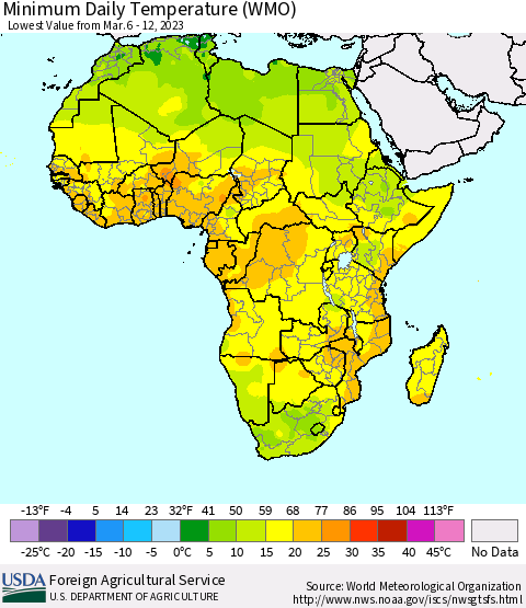 Africa Minimum Daily Temperature (WMO) Thematic Map For 3/6/2023 - 3/12/2023