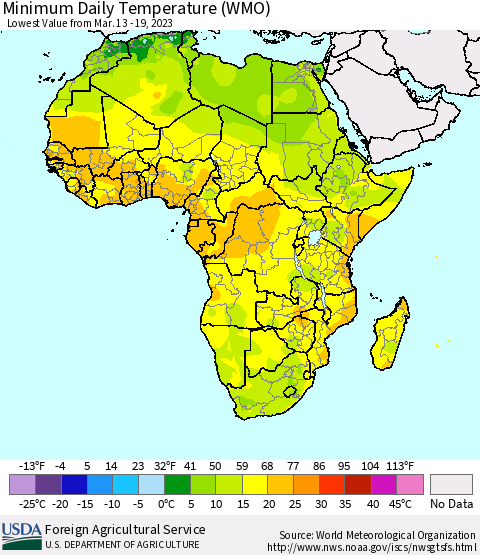 Africa Minimum Daily Temperature (WMO) Thematic Map For 3/13/2023 - 3/19/2023