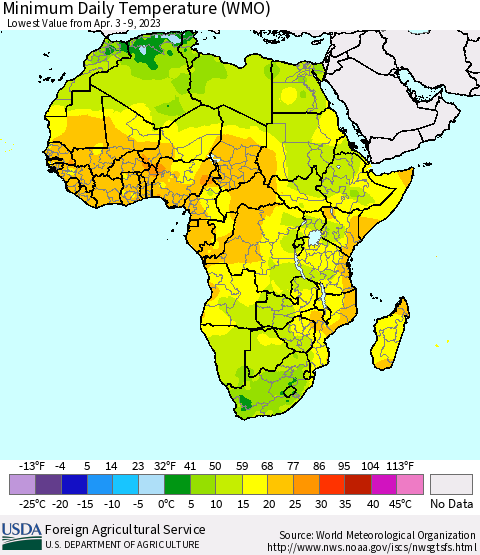 Africa Minimum Daily Temperature (WMO) Thematic Map For 4/3/2023 - 4/9/2023