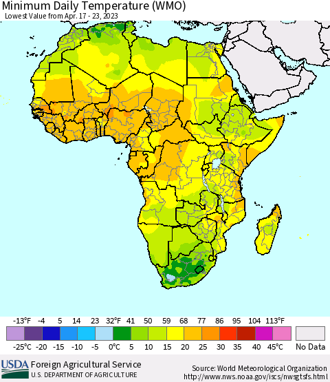 Africa Minimum Daily Temperature (WMO) Thematic Map For 4/17/2023 - 4/23/2023