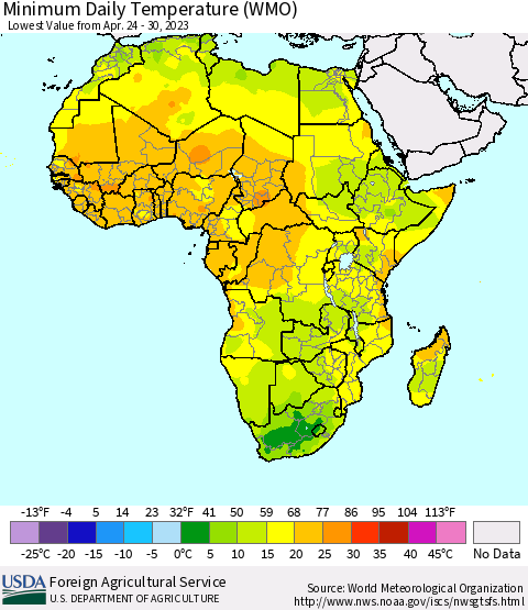 Africa Minimum Daily Temperature (WMO) Thematic Map For 4/24/2023 - 4/30/2023