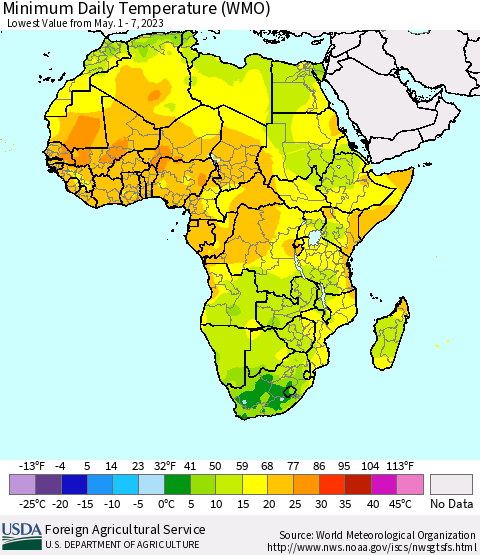 Africa Minimum Daily Temperature (WMO) Thematic Map For 5/1/2023 - 5/7/2023