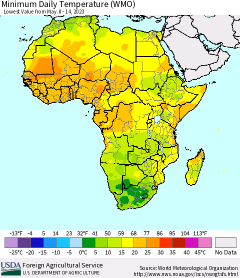 Africa Minimum Daily Temperature (WMO) Thematic Map For 5/8/2023 - 5/14/2023