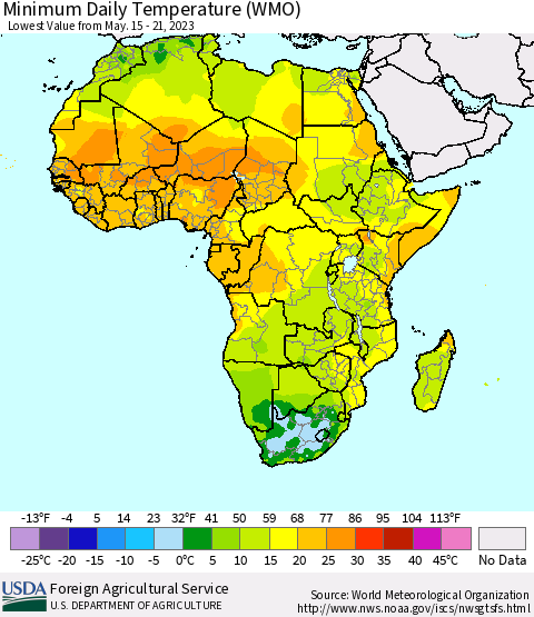 Africa Minimum Daily Temperature (WMO) Thematic Map For 5/15/2023 - 5/21/2023