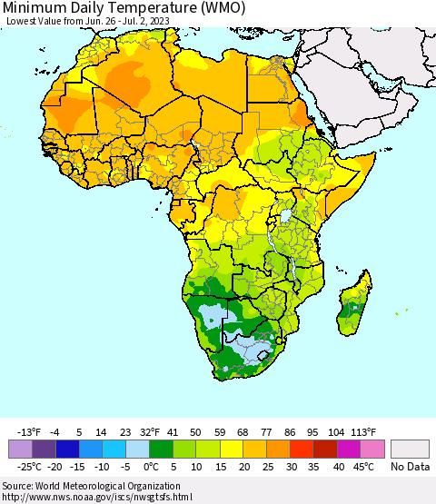 Africa Minimum Daily Temperature (WMO) Thematic Map For 6/26/2023 - 7/2/2023