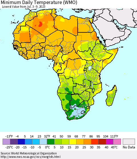 Africa Minimum Daily Temperature (WMO) Thematic Map For 7/3/2023 - 7/9/2023