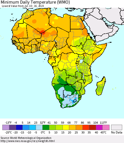 Africa Minimum Daily Temperature (WMO) Thematic Map For 7/10/2023 - 7/16/2023