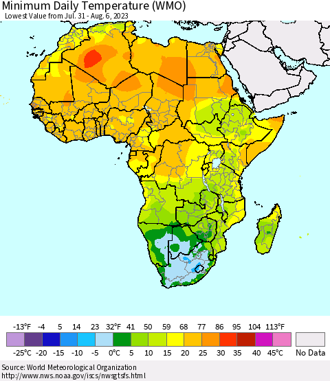 Africa Minimum Daily Temperature (WMO) Thematic Map For 7/31/2023 - 8/6/2023