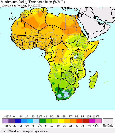 Africa Minimum Daily Temperature (WMO) Thematic Map For 8/14/2023 - 8/20/2023
