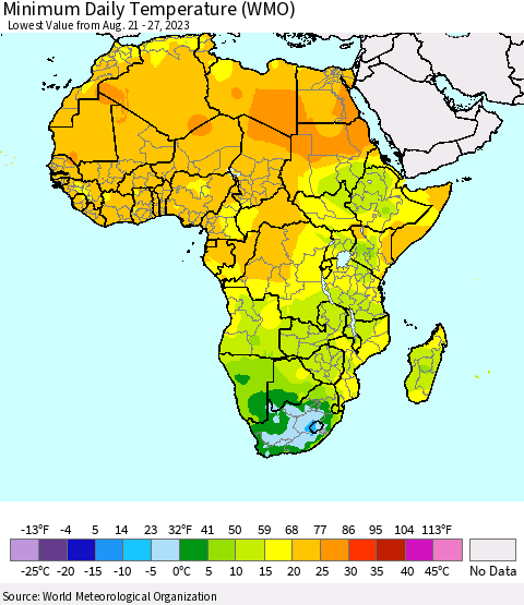 Africa Minimum Daily Temperature (WMO) Thematic Map For 8/21/2023 - 8/27/2023