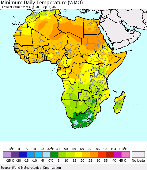 Africa Minimum Daily Temperature (WMO) Thematic Map For 8/28/2023 - 9/3/2023