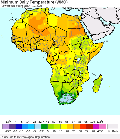 Africa Minimum Daily Temperature (WMO) Thematic Map For 9/4/2023 - 9/10/2023