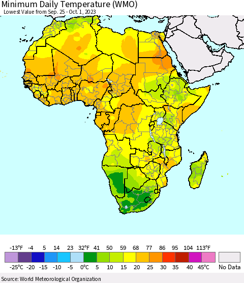 Africa Minimum Daily Temperature (WMO) Thematic Map For 9/25/2023 - 10/1/2023
