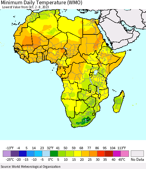 Africa Minimum Daily Temperature (WMO) Thematic Map For 10/2/2023 - 10/8/2023