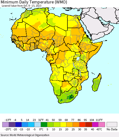 Africa Minimum Daily Temperature (WMO) Thematic Map For 10/9/2023 - 10/15/2023