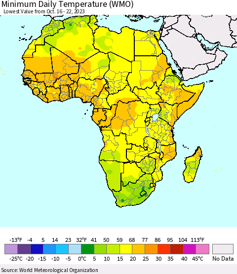Africa Minimum Daily Temperature (WMO) Thematic Map For 10/16/2023 - 10/22/2023