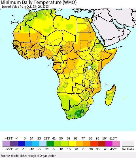 Africa Minimum Daily Temperature (WMO) Thematic Map For 10/23/2023 - 10/29/2023