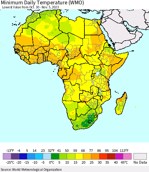 Africa Minimum Daily Temperature (WMO) Thematic Map For 10/30/2023 - 11/5/2023