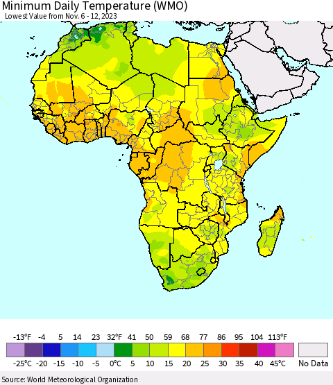 Africa Minimum Daily Temperature (WMO) Thematic Map For 11/6/2023 - 11/12/2023
