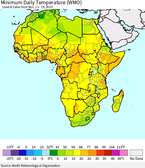 Africa Minimum Daily Temperature (WMO) Thematic Map For 11/13/2023 - 11/19/2023