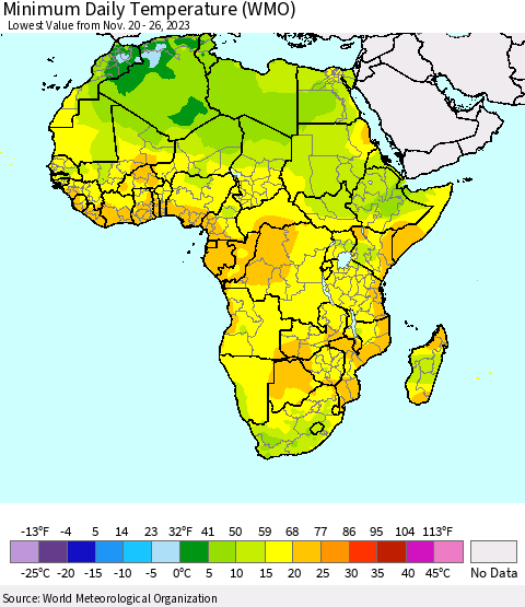 Africa Minimum Daily Temperature (WMO) Thematic Map For 11/20/2023 - 11/26/2023