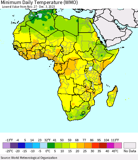 Africa Minimum Daily Temperature (WMO) Thematic Map For 11/27/2023 - 12/3/2023