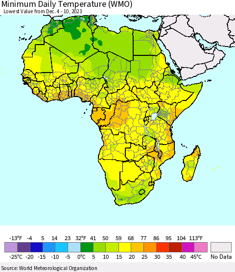 Africa Minimum Daily Temperature (WMO) Thematic Map For 12/4/2023 - 12/10/2023
